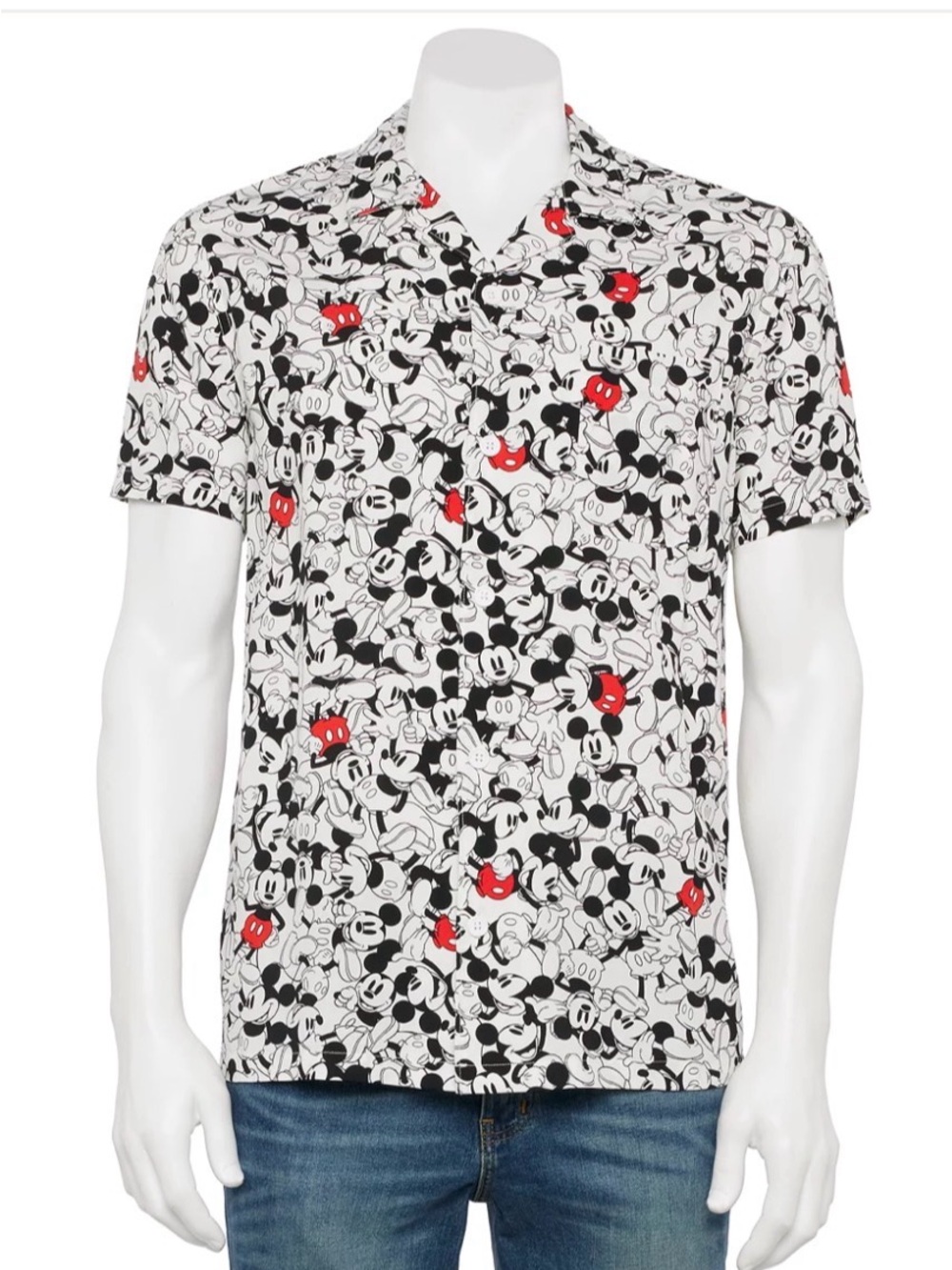 Disney Black and White Mickey Mouse Print Button-Down Shirt with Red Accents